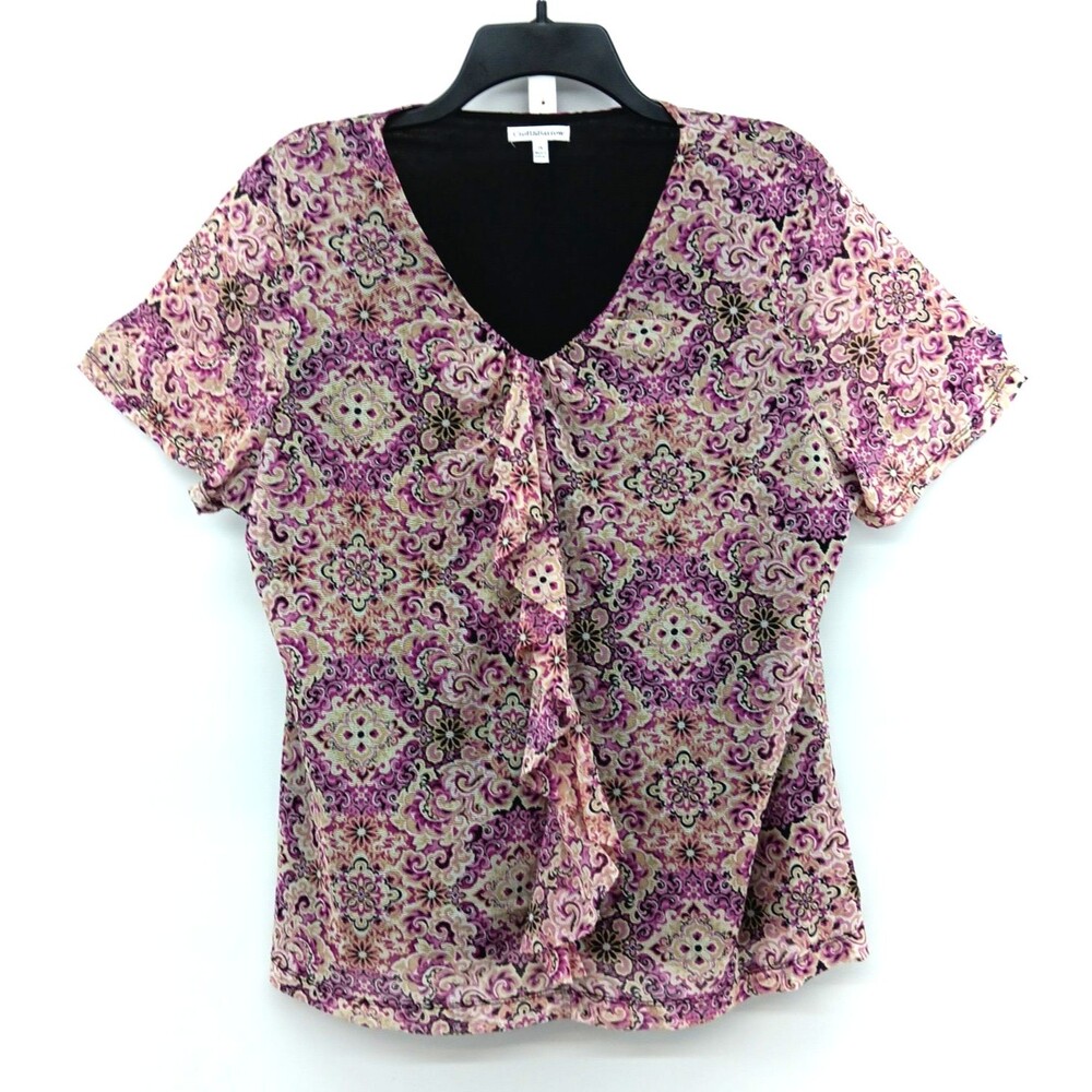 Croft & Barrow Blouse Women Size 1X Purple Floral V Neck Ruffled Lined Top